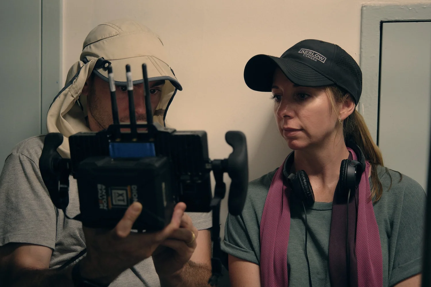 Melissa Fisher reviewing a shot on set